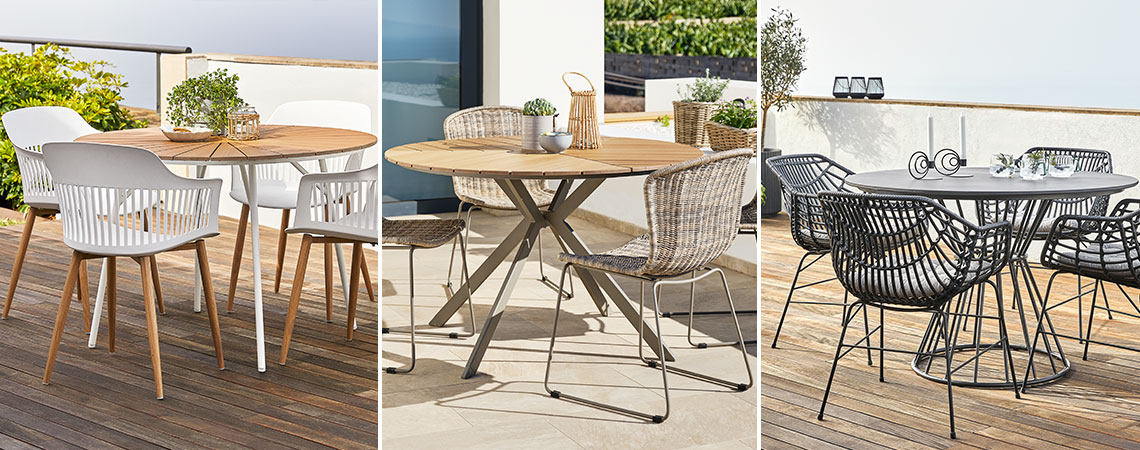 Trzy okrągłe stoły ogrodowe w różnym stylu. 
