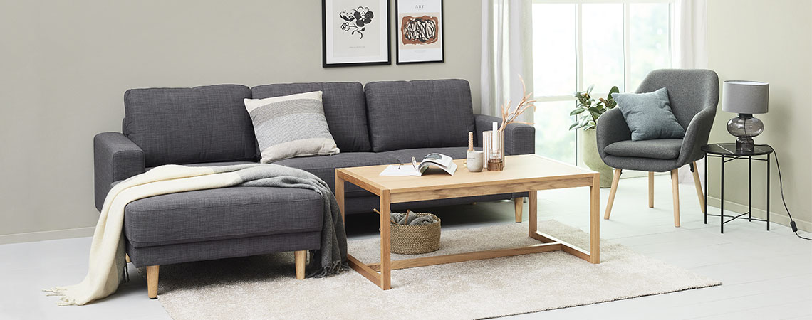 Salon z sofą, stolikiem kawowym i fotelem oraz dywanem z wysokim włosiem na podłodze