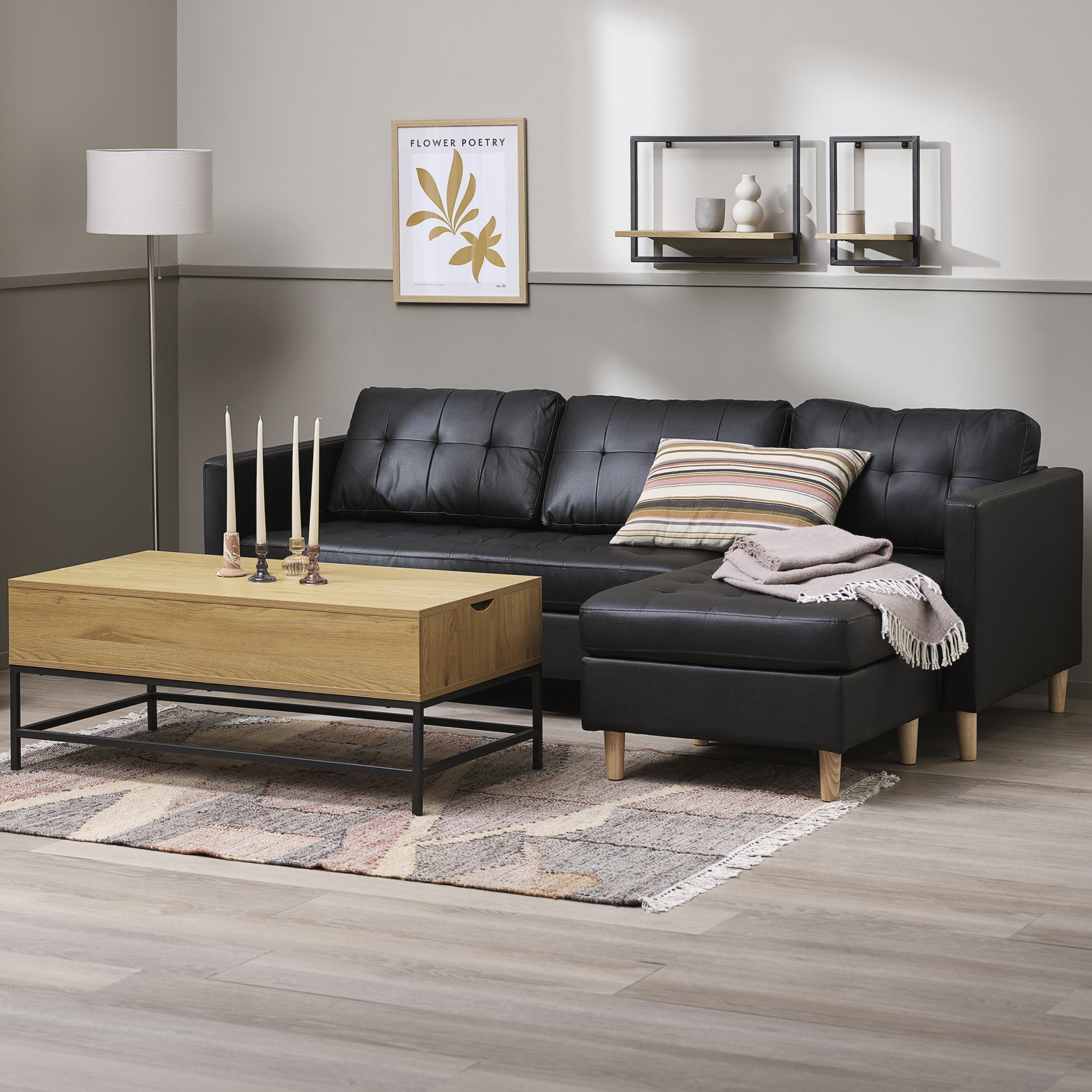 Sofa z szezlongiem w kolorze czarnym