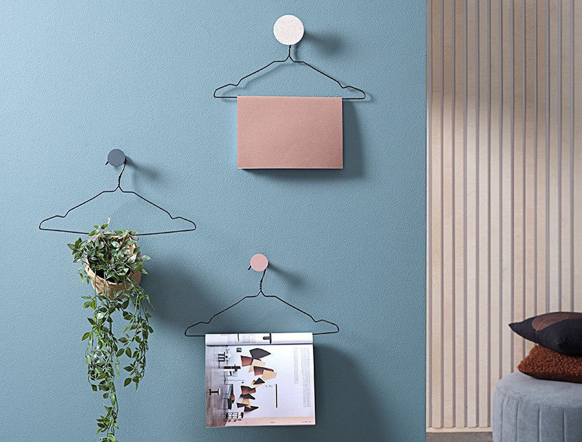 Hangers on a wall with magazines and an artificial plant