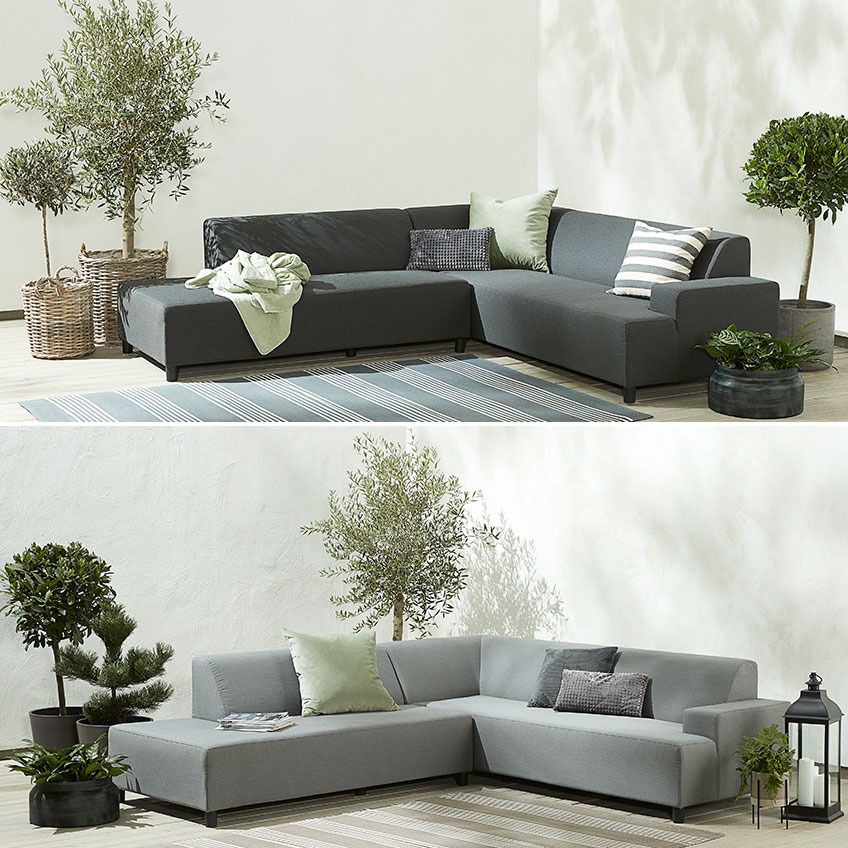 Ciemno-jasnoszara sofa ogrodowa w rogu patio