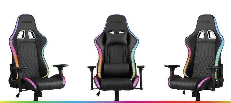 Trzy ujęcia krzesła gamingowego z kolorowymi lampkami LED 