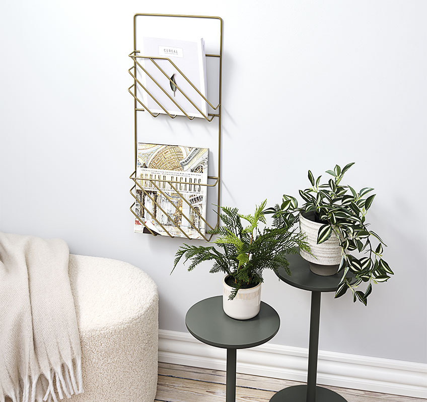 dwa stojaki na rośliny i złoty uchwyt na gazety zawieszony na ścianie 