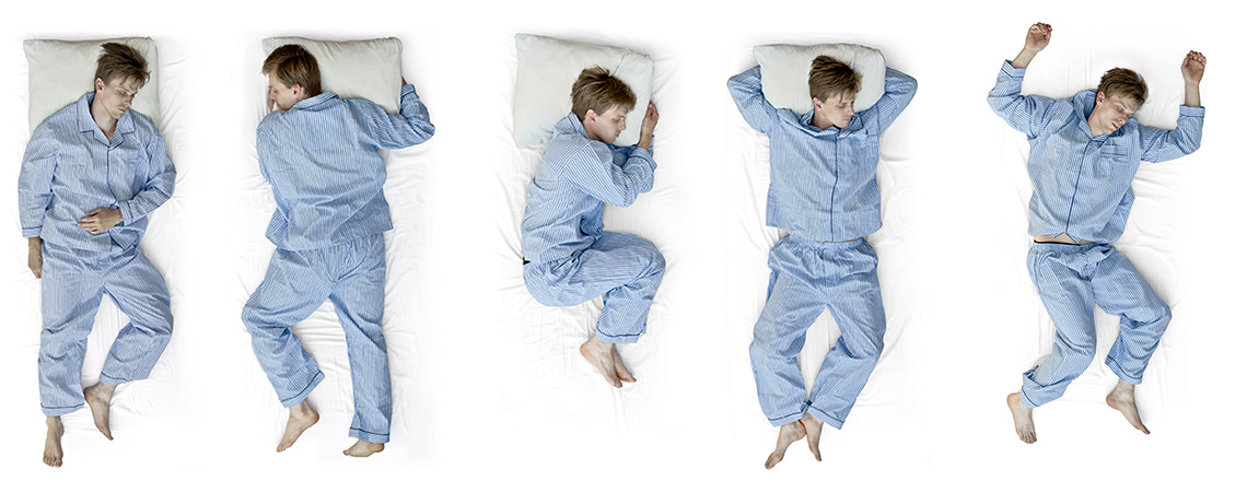 Człowiek leżący w różnych pozycjach podczas snu. 
